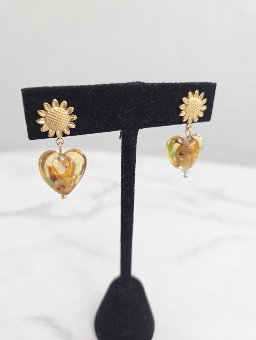 Gold Sunflower Amber Heart Dangle Drop Earrings Stainless Steel Boho Jewelry - Picture 9 of 13